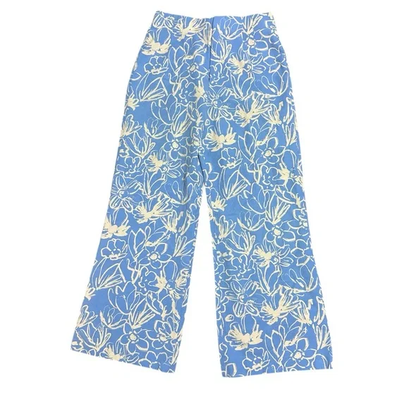 Zara Sky Blue Pants with Cream Floral Pattern size medium wide leg flowy pants - Picture 3 of 6